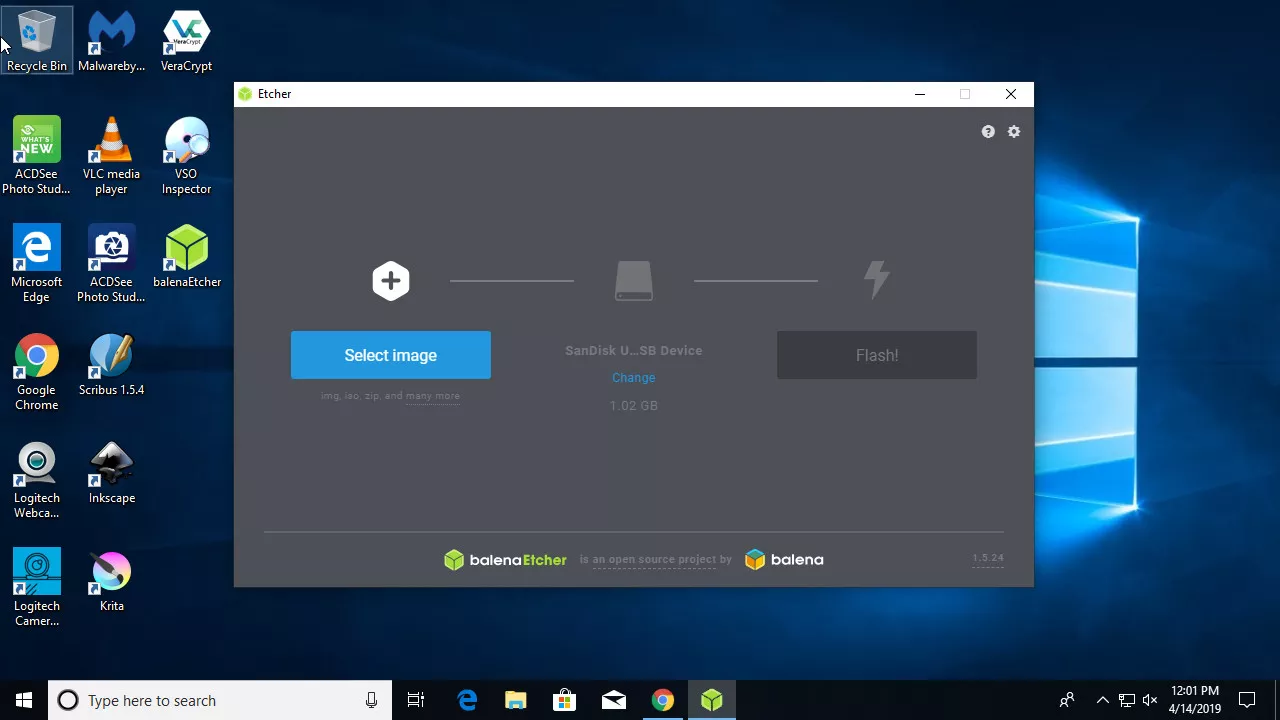 Etcher fonctionnant sous Windows 10