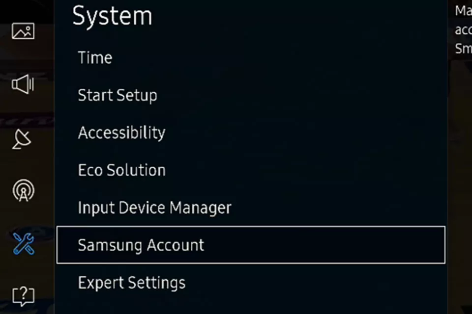 Capture d'écran de l'option de compte Samsung sur un téléviseur intelligent Samsung